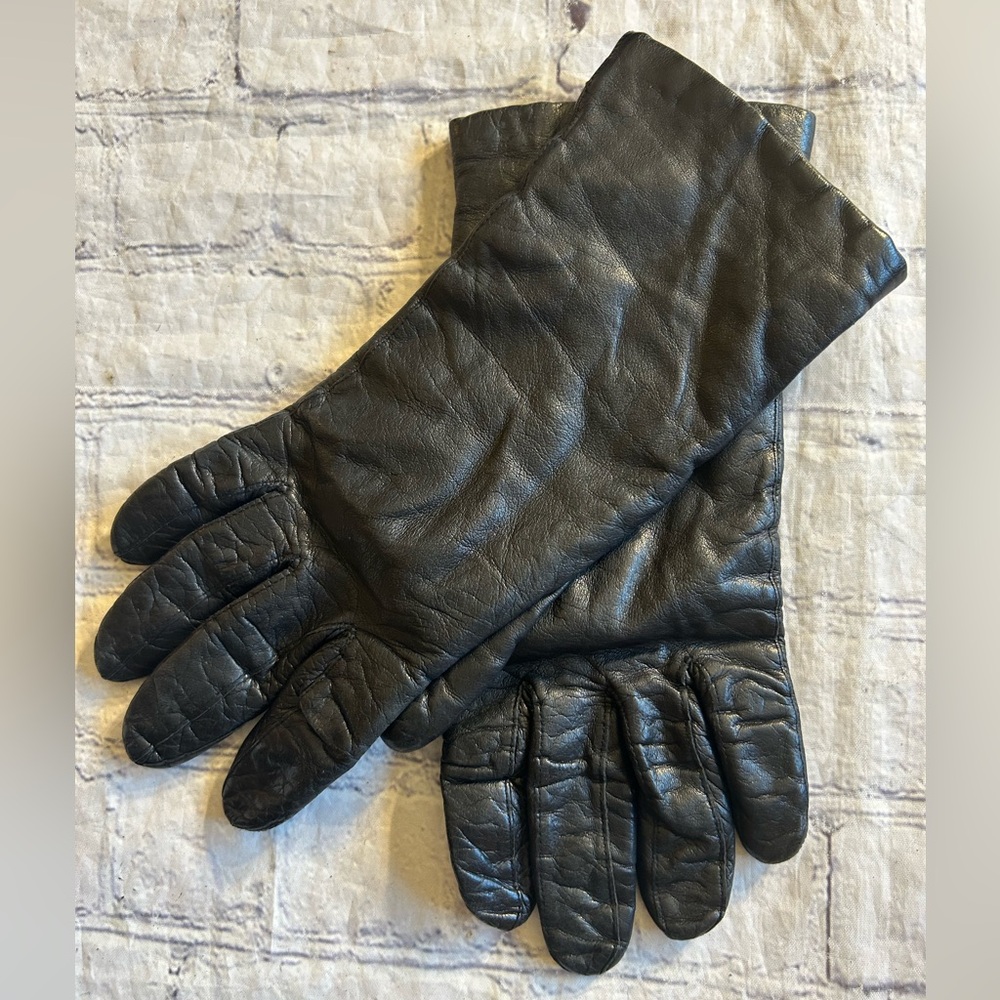 VINTAGE ARIS 100% WOOL LINED BLACK LEATHER GLOVES MADE IN PHILIPPINES SIZE 7